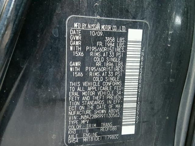 JN8AZ28R99T130562 - 2009 NISSAN CUBE BASE BLACK photo 10