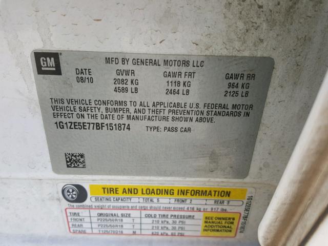 1G1ZE5E77BF151874 - 2011 CHEVROLET MALIBU LTZ თეთრი ფოტო 10