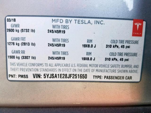 5YJSA1E28JF251650 - 2018 TESLA MODEL S Gümüş foto 10
