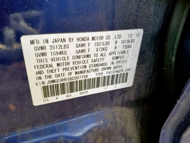 JHMGE8H55BC007184 - 2011 HONDA FIT SPORT BLUE photo 10