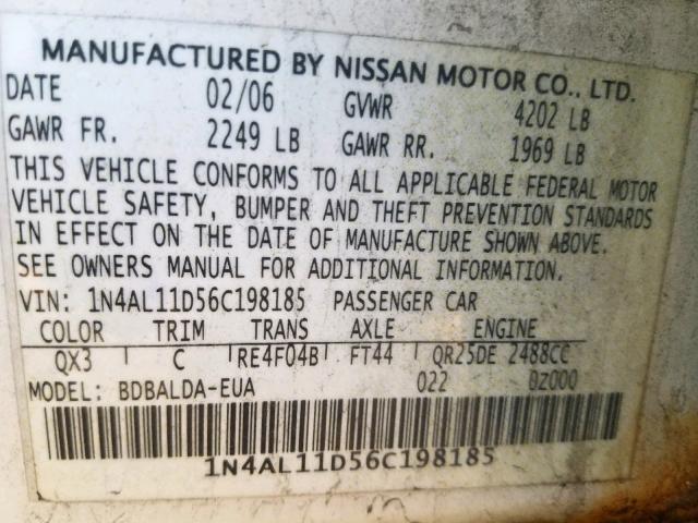 1N4AL11D56C198185 - 2006 NISSAN ALTIMA S  photo 10