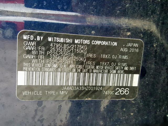 JA4AD3A33HZ001924 - 2017 MITSUBISHI OUTLANDER BLUE photo 10