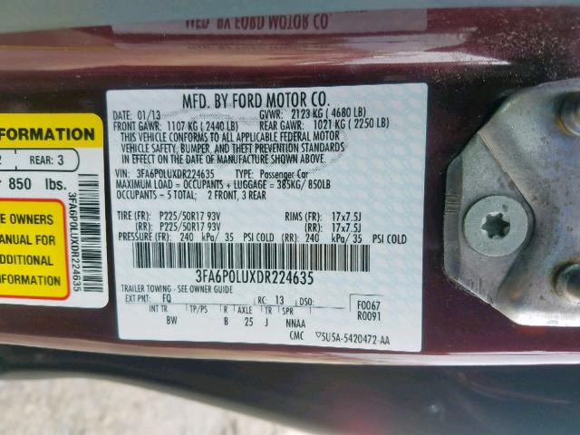 3FA6P0LUXDR224635 - 2013 FORD FUSION SE MAROON photo 10