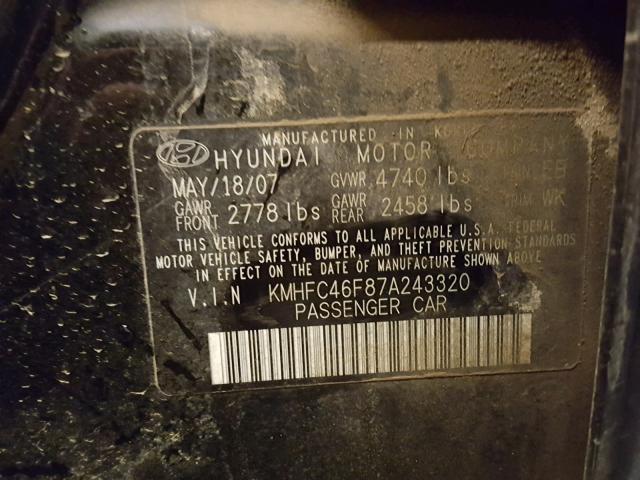 KMHFC46F87A243320 - 2007 HYUNDAI AZERA SE BLACK photo 10