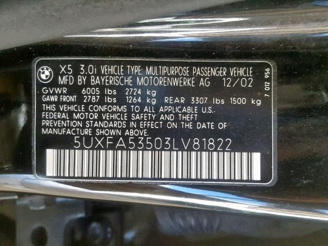 5UXFA53503LV81822 - 2003 BMW X5 3.0I BLACK photo 10