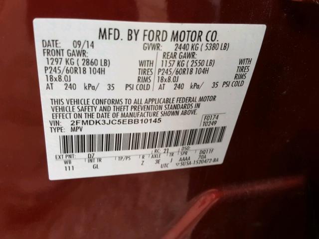 2FMDK3JC5EBB10145 - 2014 FORD EDGE SEL MAROON photo 10