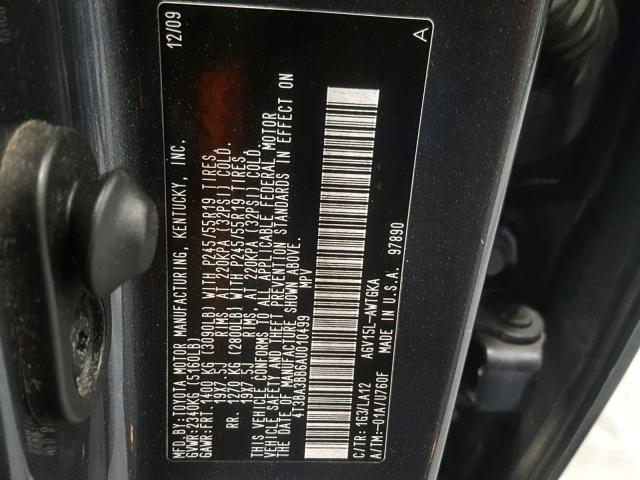 4T3BA3BB6AU010499 - 2010 TOYOTA VENZA BASE CHARCOAL photo 10