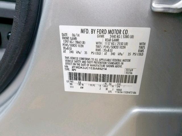 2FMDK3JC1EBA89214 - 2014 FORD EDGE SEL SILVER photo 10