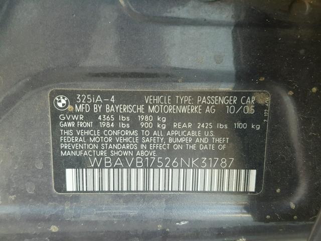 WBAVB17526NK31787 - 2006 BMW 325 I AUTO CHARCOAL photo 10