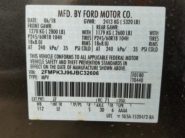 2FMPK3J96JBC32606 - 2018 FORD EDGE SEL CHARCOAL photo 10