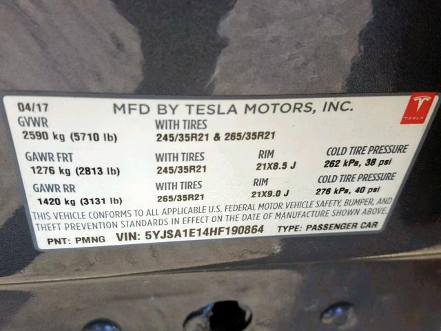 5YJSA1E14HF190864 - 2017 TESLA MODEL S GRAY photo 10