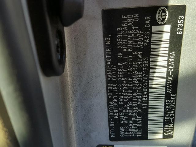 4T1BE46K57U717583 - 2007 TOYOTA CAMRY-LE SILVER photo 10