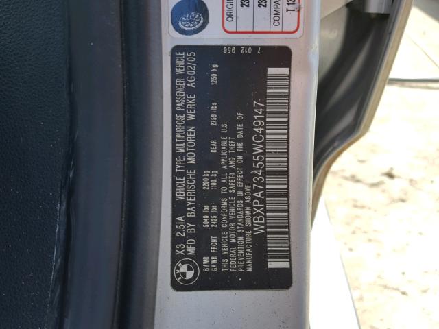 WBXPA73455WC49147 - 2005 BMW X3 2.5I SILVER photo 10