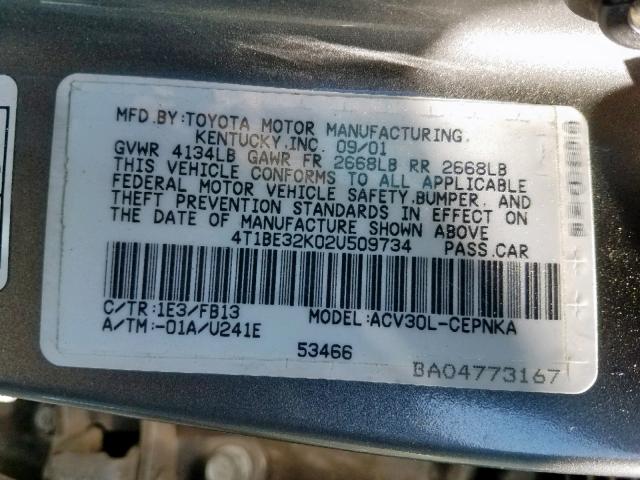 4T1BE32K02U509734 - 2002 TOYOTA CAMRY LE CHARCOAL photo 10