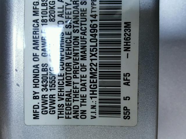 1HGEM221X5L049614 - 2005 HONDA CIVIC DX V SILVER photo 10