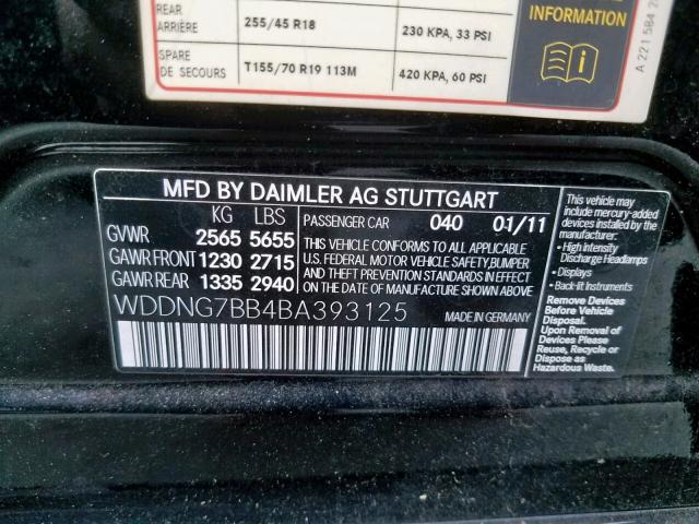 WDDNG7BB4BA393125 - 2011 MERCEDES-BENZ S 550 BLACK photo 10