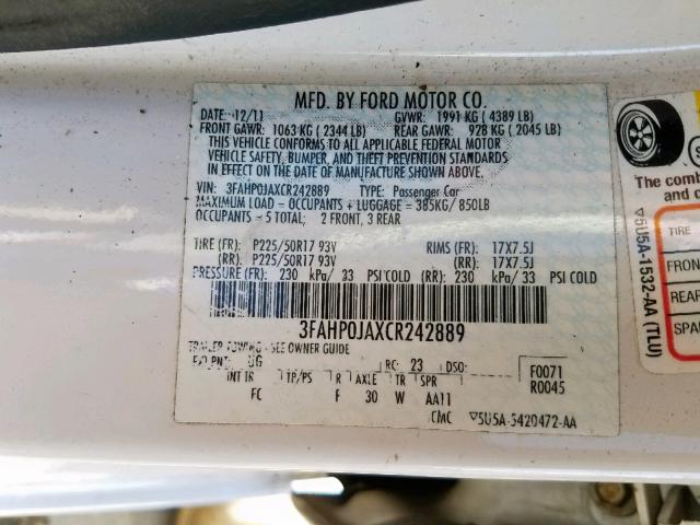 3FAHP0JAXCR242889 - 2012 FORD FUSION SEL WHITE photo 10