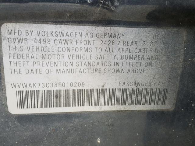 WVWAK73C38E010209 - 2008 VOLKSWAGEN PASSAT KOM BLUE photo 10