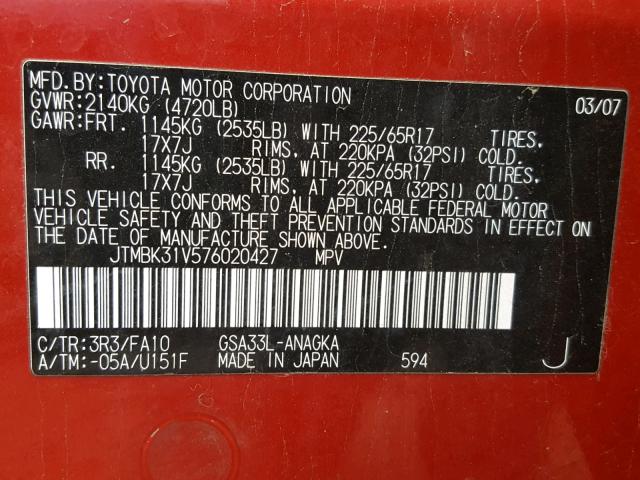 JTMBK31V576020427 - 2007 TOYOTA RAV4 LIMIT RED photo 10