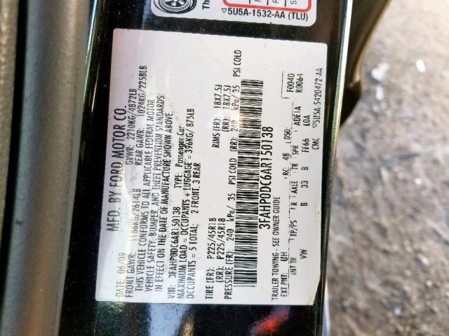 3FAHP0DC6AR150138 - 2010 FORD FUSION SPO BLACK photo 10