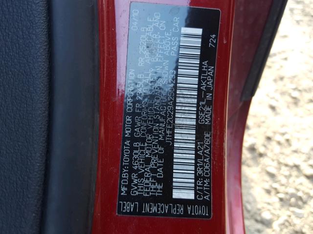 JTHFE2C29A2504233 - 2010 LEXUS IS 350 RED photo 10