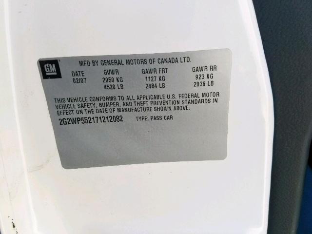 2G2WP552171212082 - 2007 PONTIAC GRAND PRIX WHITE photo 10