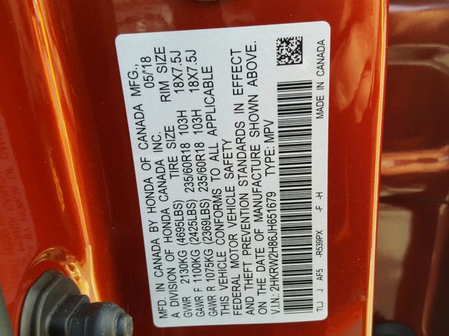 2HKRW2H86JH651679 - 2018 HONDA CR-V EXL RED photo 10