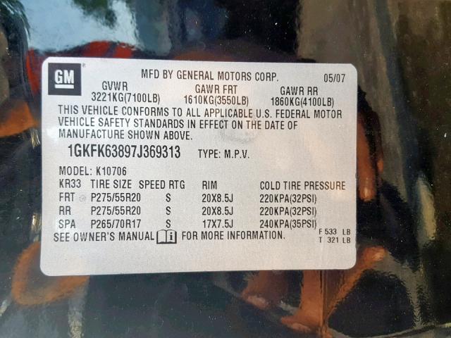 1GKFK63897J369313 - 2007 GMC YUKON DENA BLACK photo 10