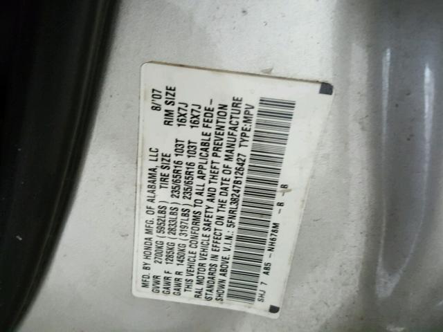 5FNRL38247B126427 - 2007 HONDA ODYSSEY LX SILVER photo 10