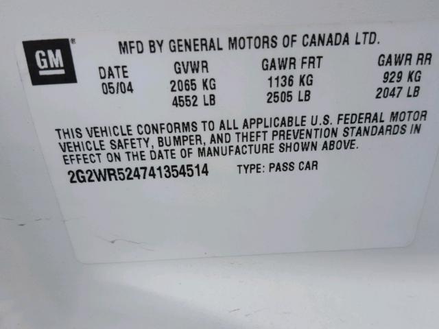 2G2WR524741354514 - 2004 PONTIAC GRAND PRIX Ақ фото 10