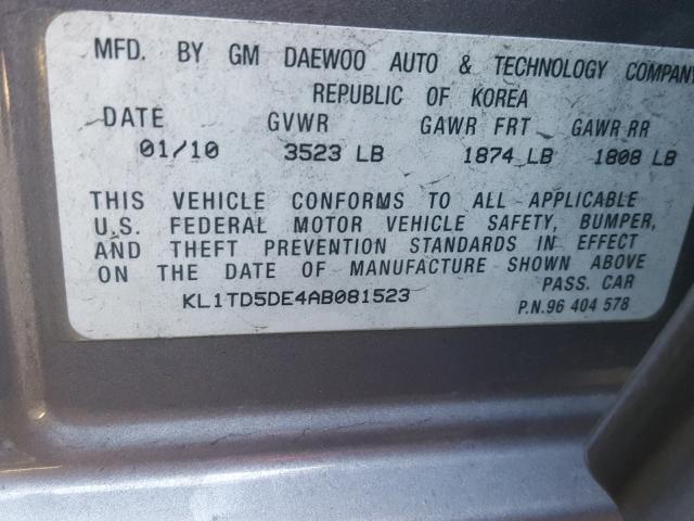 KL1TD5DE4AB081523 - 2010 CHEVROLET AVEO LS BLUE photo 10