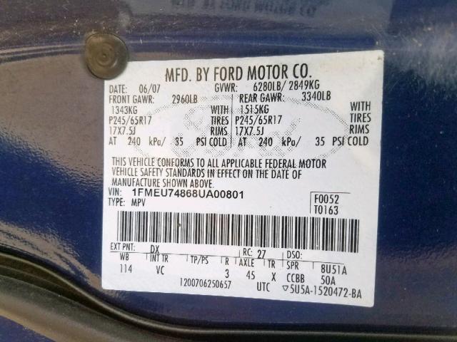 1FMEU74868UA00801 - 2008 FORD EXPLORER E BLUE photo 10