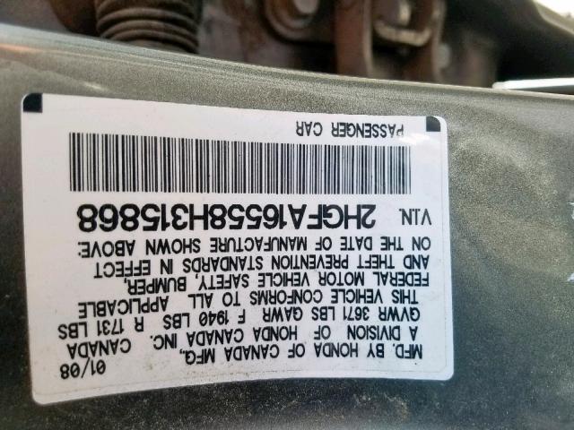 2HGFA16558H315868 - 2008 HONDA CIVIC LX GRAY photo 10