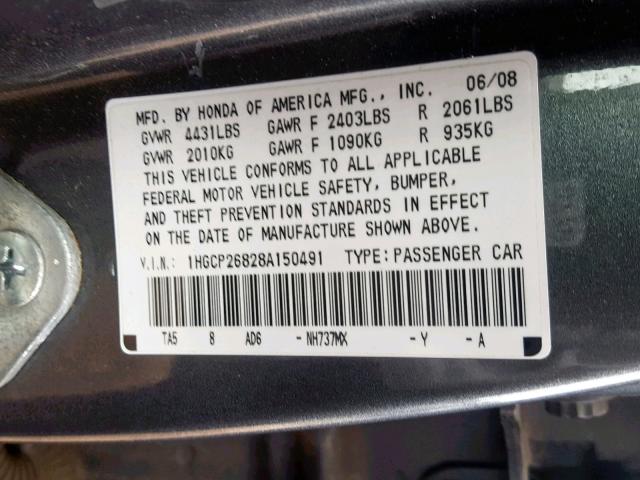 1HGCP26828A150491 - 2008 HONDA ACCORD EXL CHARCOAL photo 10