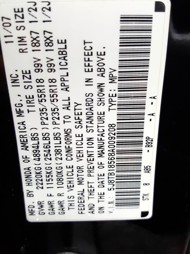 5J8TB18568A009208 - 2008 ACURA RDX TECHNO BLACK photo 10