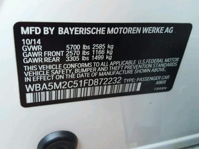 WBA5M2C51FD872232 - 2015 BMW 535 IGT WHITE photo 10