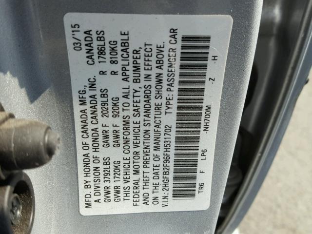 2HGFB2F96FH531702 - 2015 HONDA CIVIC EXL SILVER photo 10