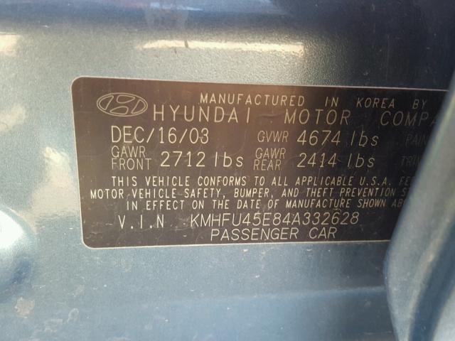 KMHFU45E84A332628 - 2004 HYUNDAI XG 350 TEAL photo 10