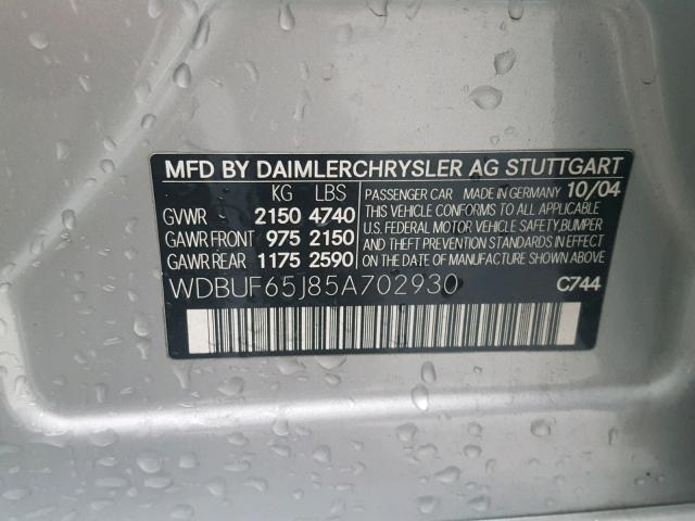 WDBUF65J85A702930 - 2005 MERCEDES-BENZ E 320 SILVER photo 10