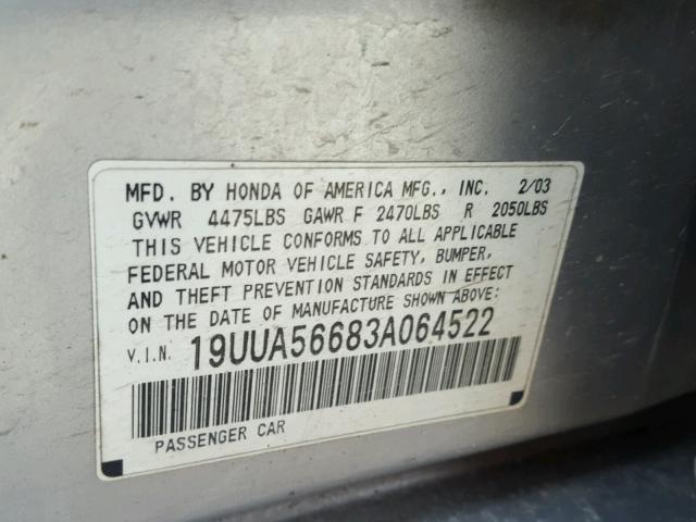 19UUA56683A064522 - 2003 ACURA 3.2TL SILVER photo 10