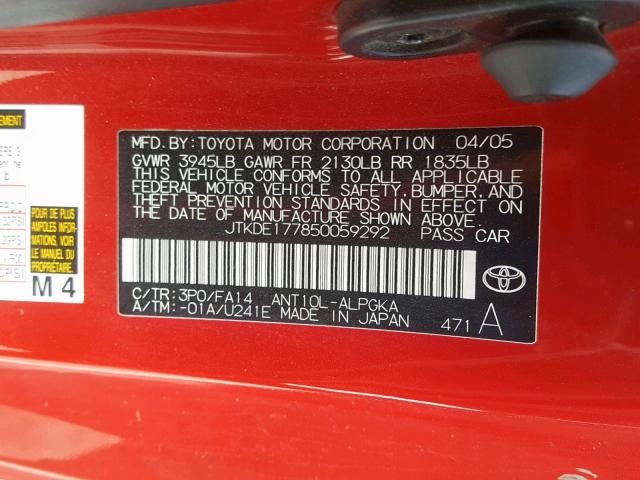JTKDE177850059292 - 2005 TOYOTA SCION TC წითელი ფოტო 10