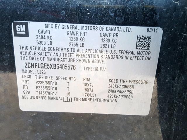 2CNFLGE5XB6405576 - 2011 CHEVROLET EQUINOX LT BLACK photo 10