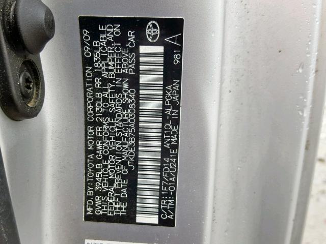 JTKDE3B75A0308340 - 2010 TOYOTA SCION TC 银色 照片 10