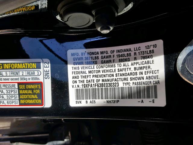 19XFA1F63BE030323 - 2011 HONDA CIVIC LX-S أسود صورة 10