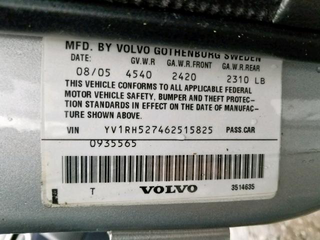 YV1RH527462515825 - 2006 VOLVO S60 R SILVER photo 10