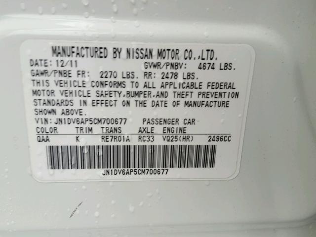 JN1DV6AP5CM700677 - 2012 INFINITI G25 BASE WHITE photo 10