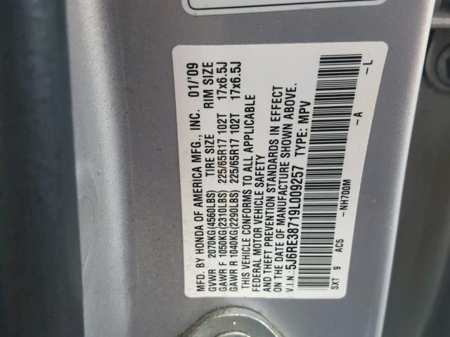 5J6RE38719L009257 - 2009 HONDA CR-V EXL SILVER photo 10