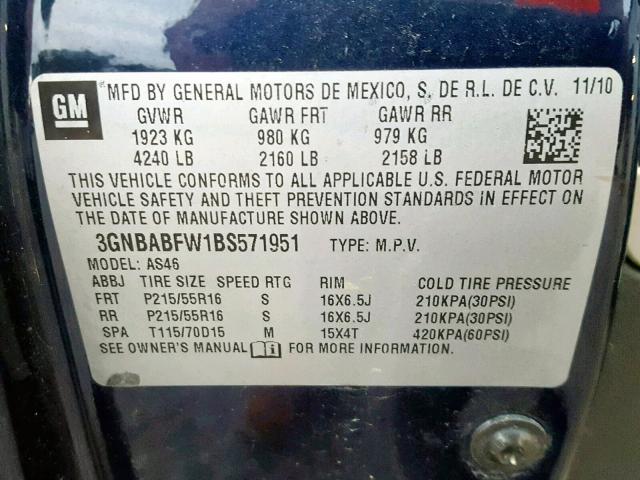 3GNBABFW1BS571951 - 2011 CHEVROLET HHR LT BLUE photo 10