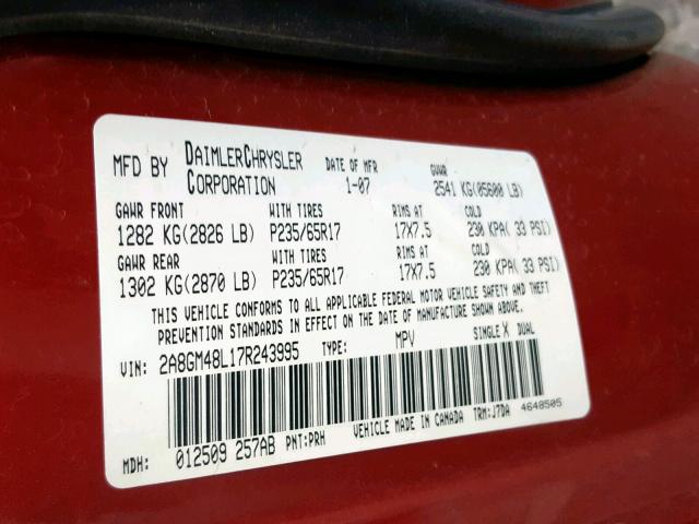 2A8GM48L17R243995 - 2007 CHRYSLER PACIFICA RED photo 10