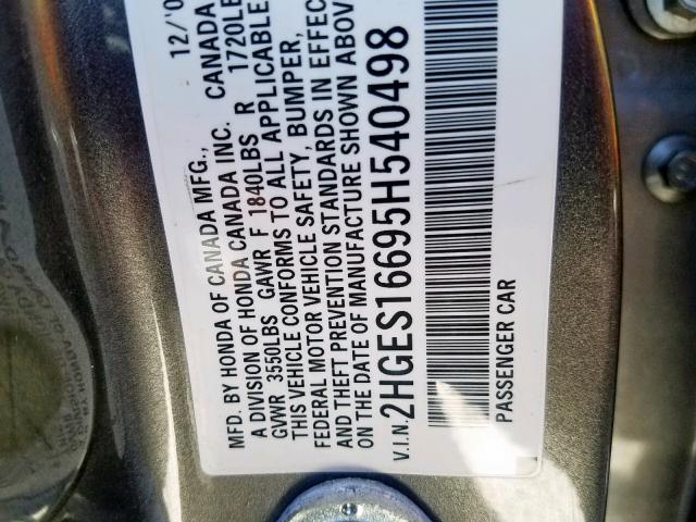 2HGES16695H540498 - 2005 HONDA CIVIC LX GRAY photo 10